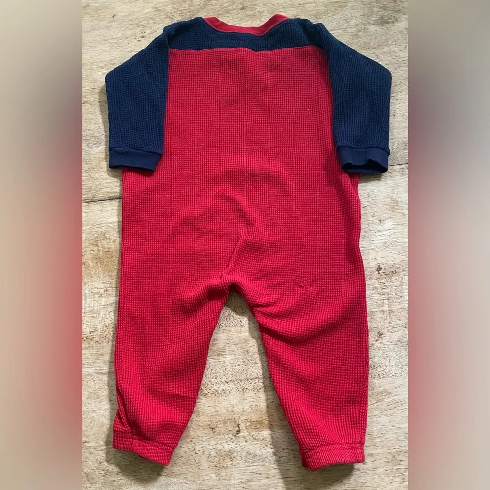 Vintage Ralph Lauren Infant L 12-18 Mo Red/Navy‎ Waffle Weave Knit Logo Bodysuit